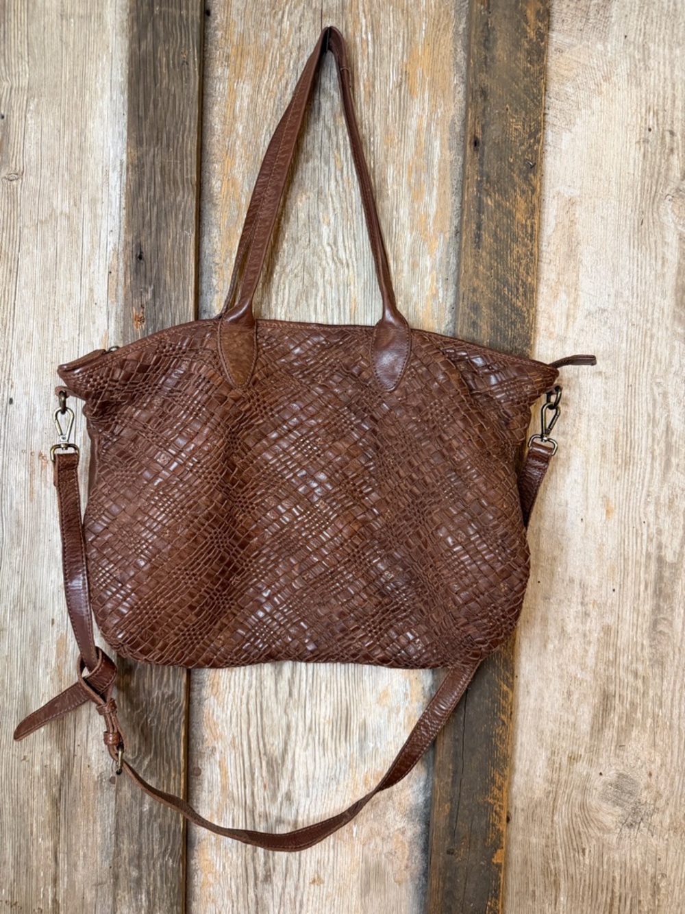Vintage Woven Leather Bag Made in India Brown Boho Tote Crossbody Handbag